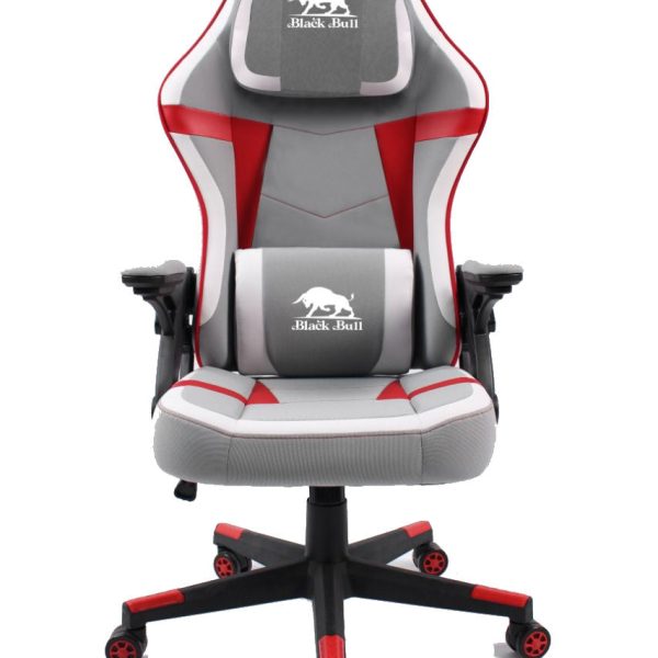 BLACK BULL Gaming Chair With Headrest Up & Down Slide Adjustable and Moveable Armrest, Woven Fabric, Light Grey White & Red ( Installation not included )
